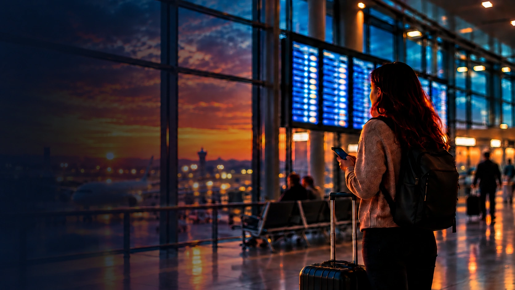 Traveler checking airport departure information at sunset after a disruption